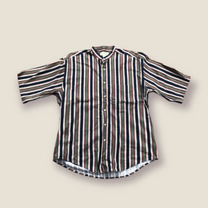 90s VTG Natural Issue Vertical Striped Preppy Mandarin Collar Button Down Medium